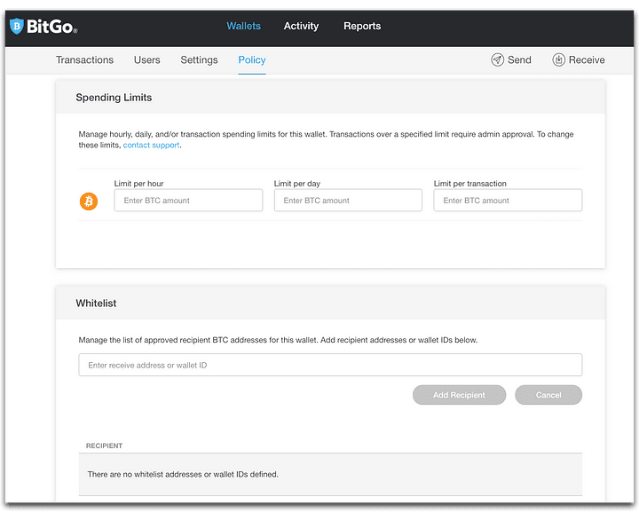 Specify time-boxed spending limits and manage a list of approved recipients with a whitelist of addresses